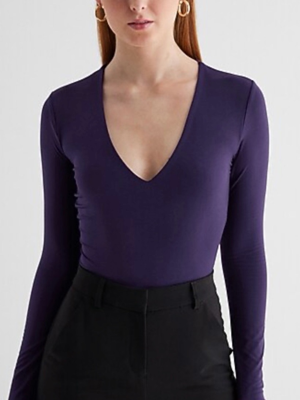 Express Body Contour V-Neck Long Sleeve Bodysuit Purple - XS